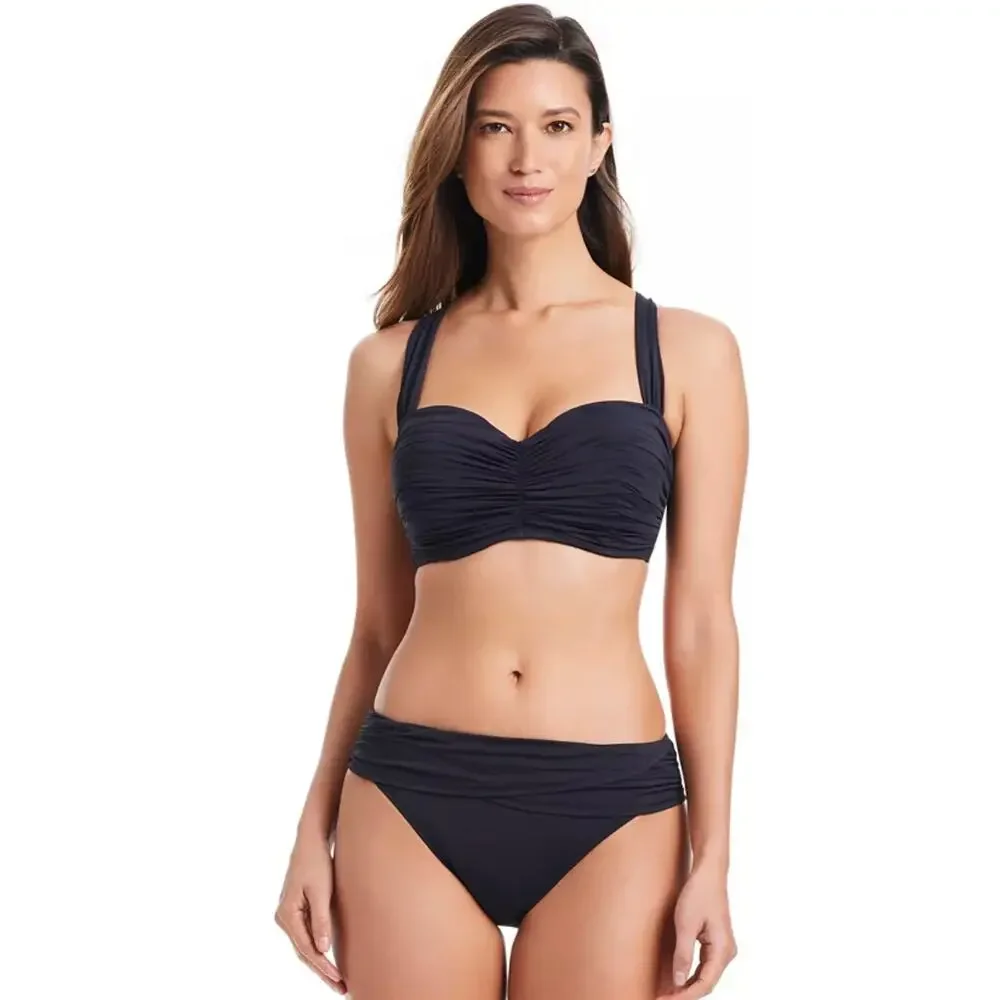 Bleu by Rod Beattie Women's Shirred Underwire D-Cup Bikini Top Black 34D NEW NWT